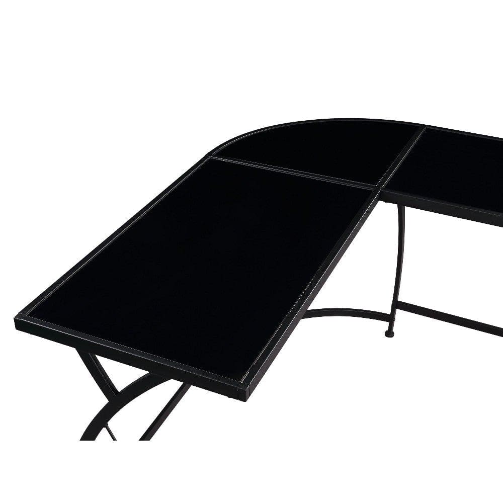 L Shaped Writing Desk with Glass Top and Curved Metal Frame Black By Casagear Home BM250247