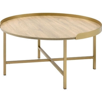 Kai 34 Inch Wood Coffee Table, Round Tray Top, Metal Accent, Brown, Brass By Casagear Home