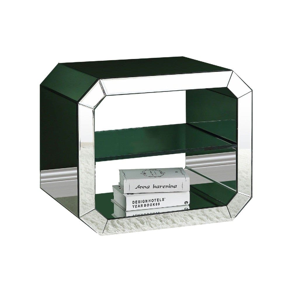 Accent Table with Mirrored Inserts and 1 Glass Shelf, Silver By Casagear Home