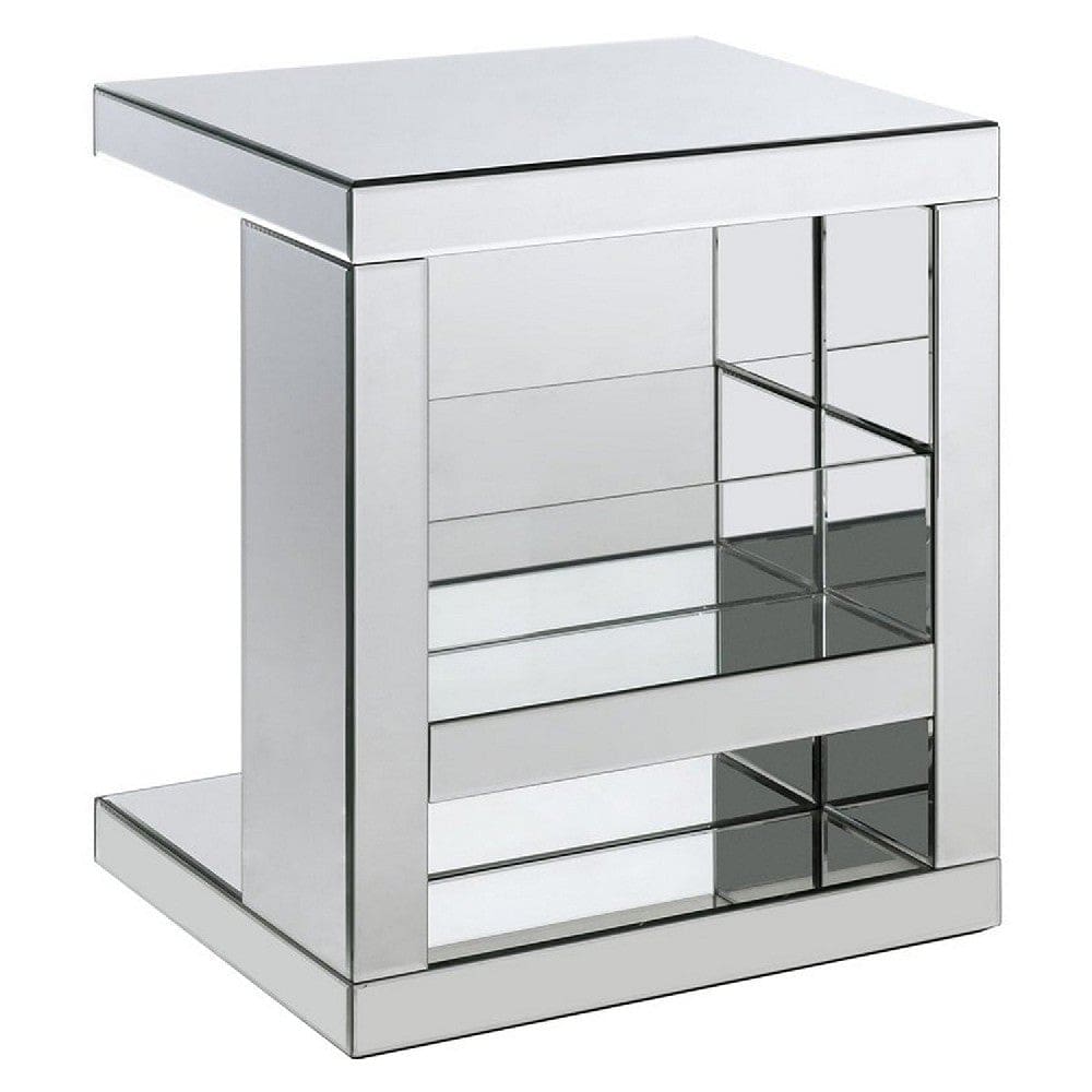 Accent Table with Mirrored Panels and C Shape, Silver By Casagear Home
