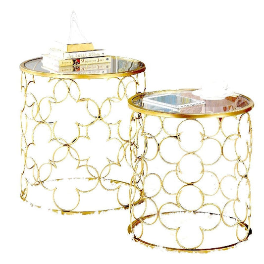2 Piece Round Nesting Table with Lattice Metal Base, Gold By Casagear Home