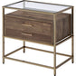 Accent Table with 2 Drawers and Metal Frame Glass Top, Brown and Gold By Casagear Home