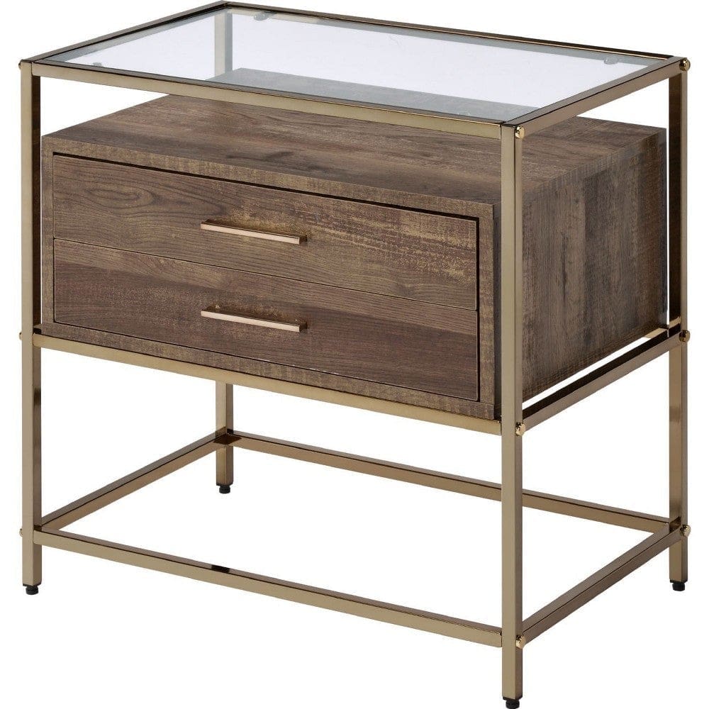Accent Table with 2 Drawers and Metal Frame Glass Top, Brown and Gold By Casagear Home