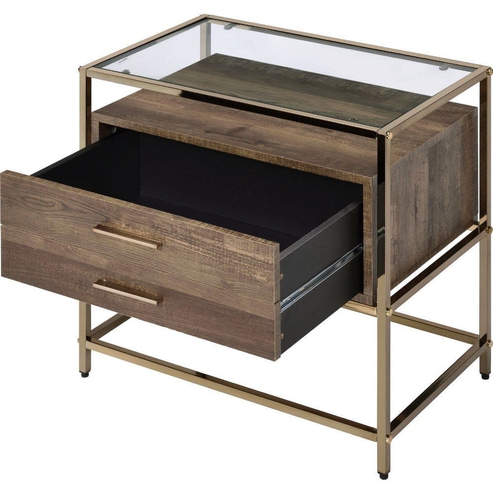 Accent Table with 2 Drawers and Metal Frame Glass Top Brown and Gold By Casagear Home BM250320