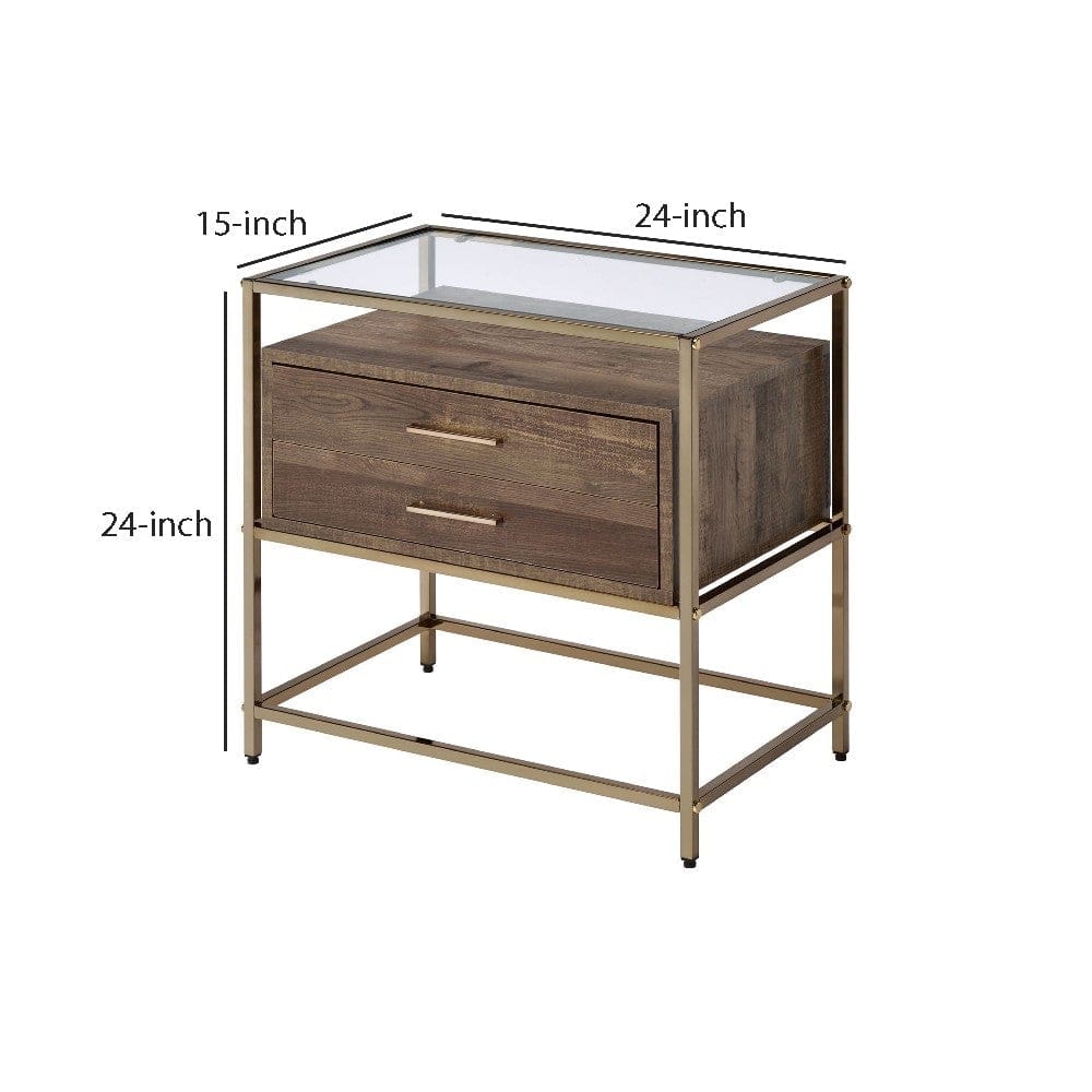 Accent Table with 2 Drawers and Metal Frame Glass Top Brown and Gold By Casagear Home BM250320
