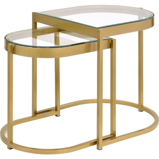 2 Piece Nesting Table with Half Oval Shape Metal Frame, Gold By Casagear Home