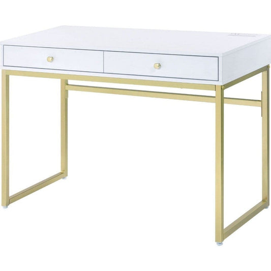 Writing Desk with 2 Drawers and Metal Frame, White and Gold By Casagear Home