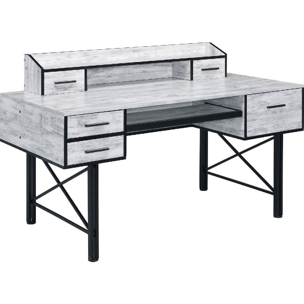 Computer Desk with 5 Drawers and Grains, Antique White and Black By Casagear Home