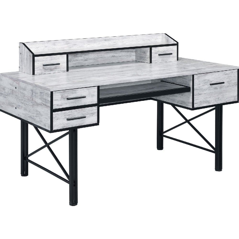 Mira Computer Desk | 5 Drawer | Wood Grains | Antique White | Black