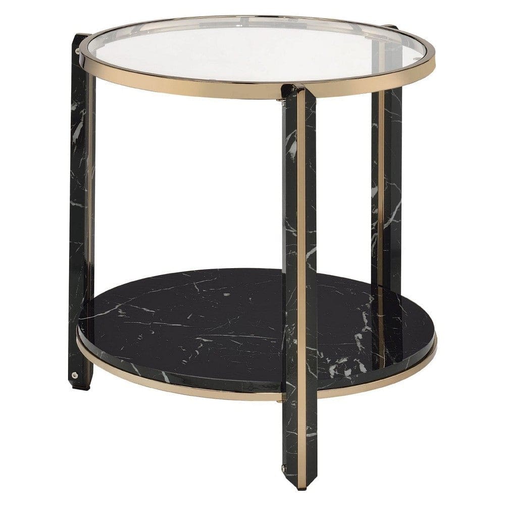 End Table with Glass Top and Faux Marble Shelf, Black and Gold By Casagear Home