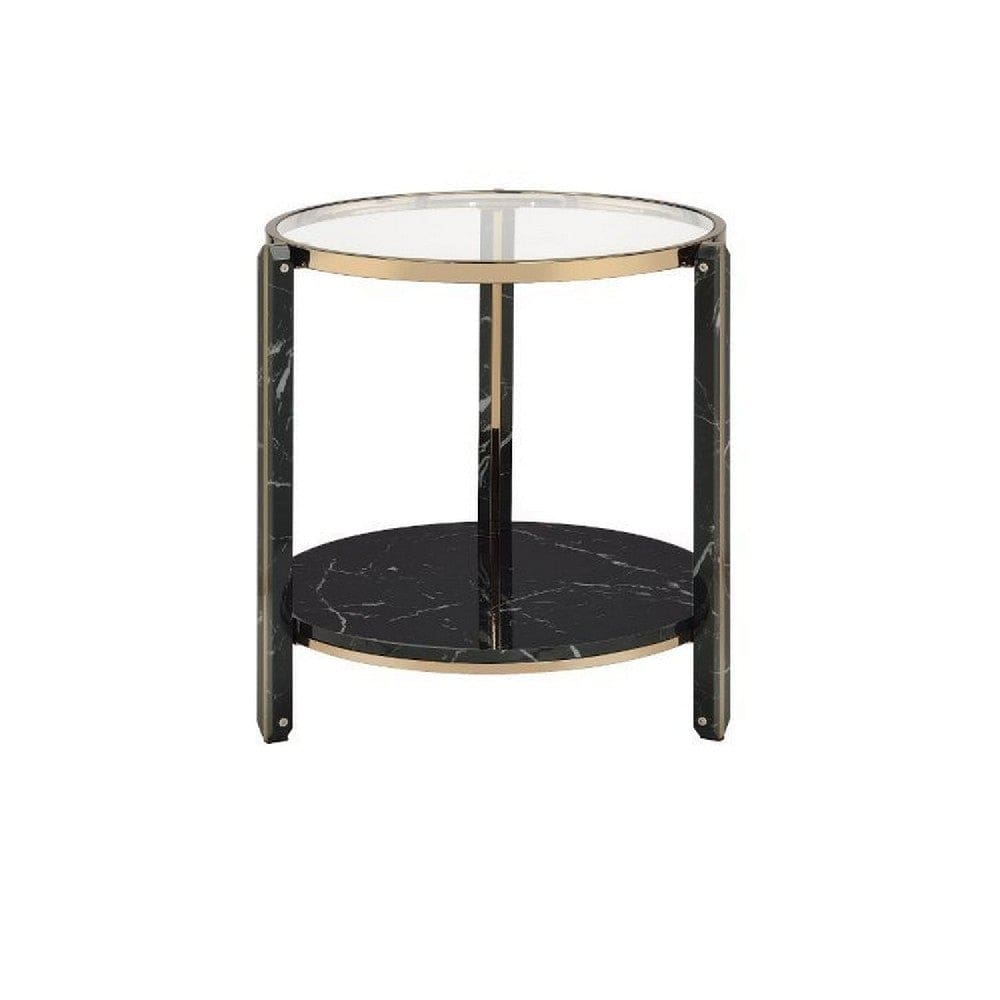 End Table with Glass Top and Faux Marble Shelf Black and Gold By Casagear Home BM250391
