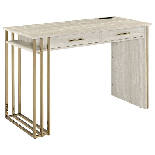 Writing Desk with 2 Drawers and Built in USB Port, Oak White and Gold By Casagear Home