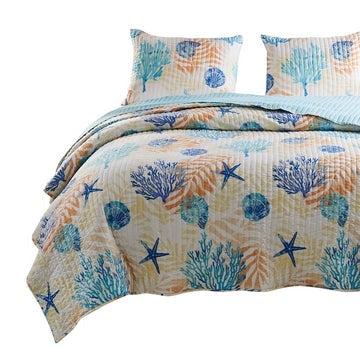 Tarn 3 Piece Full Quilt Set with Coastal Print, Multicolor By Casagear Home