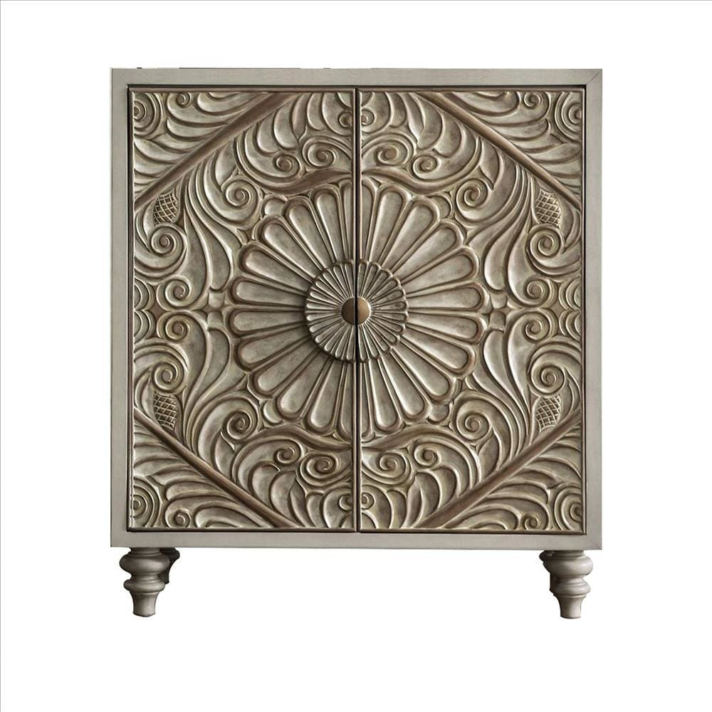 Wine Cabinet with Polyresin Floral Design, Ivory By Casagear Home