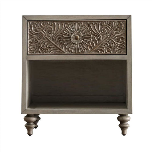 Night Stand with Polyresin Floral Design, Ivory By Casagear Home