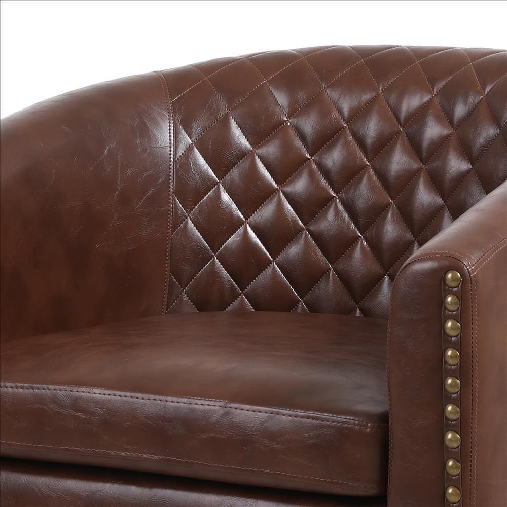 Leatherette Accent Chair with Nailhead Trim and Diamond Stitch Brown By Casagear Home BM261573