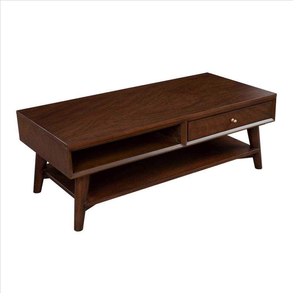 Coffee Table with 1 Drawer and Open Shelf, Walnut Brown By Casagear Home