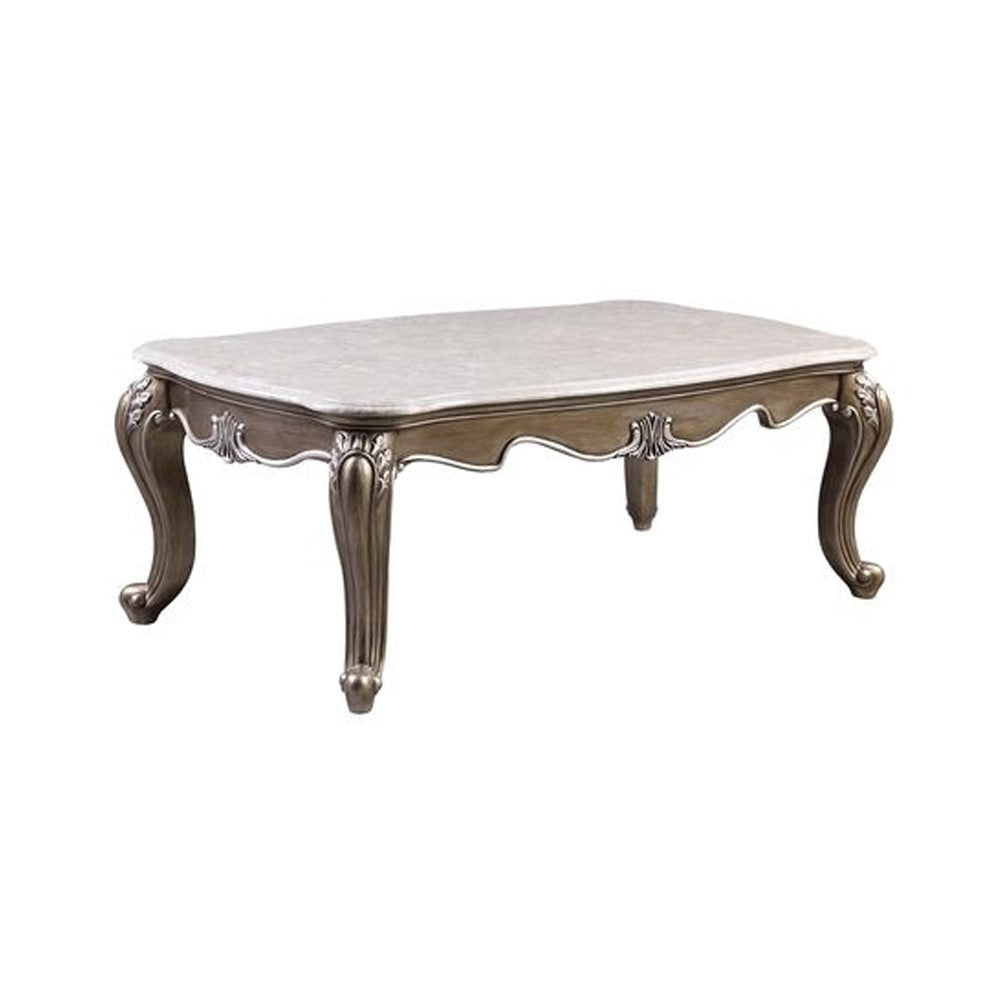 Coffee Table with Marble Top and Queen Anne Legs, Antique Bronze By Casagear Home