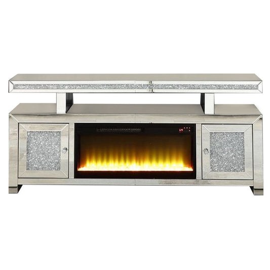 Mirrored TV Stand with LED Fireplace and Remote, Silver By Casagear Home