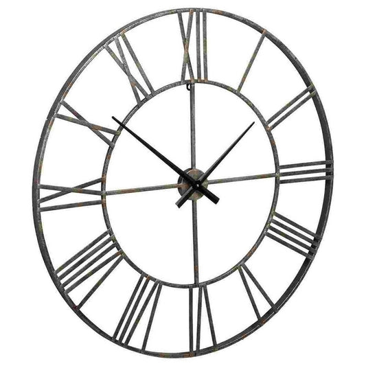 Wall Clock with Sleek Open Metal Frame and Roman Numbers, Antique Silver By Casagear Home