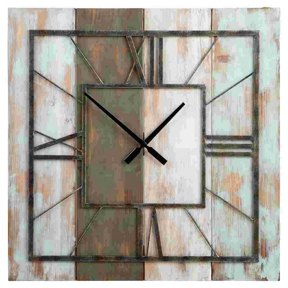 Wall Clock with Wooden Panel Back and Metal Roman Numbers Antique White By Casagear Home BM262451
