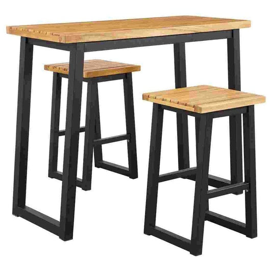 3 Piece Counter Height Table Set with Metal Sled Base, Black and Brown By Casagear Home