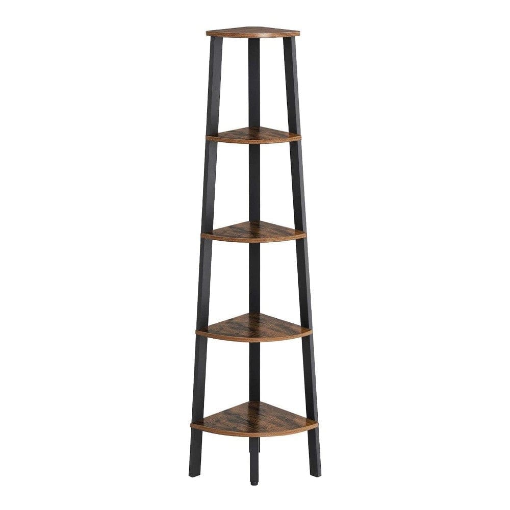 Corner Shelf with Metal Frame and 5 Tier Storage, Brown and Black By Casagear Home