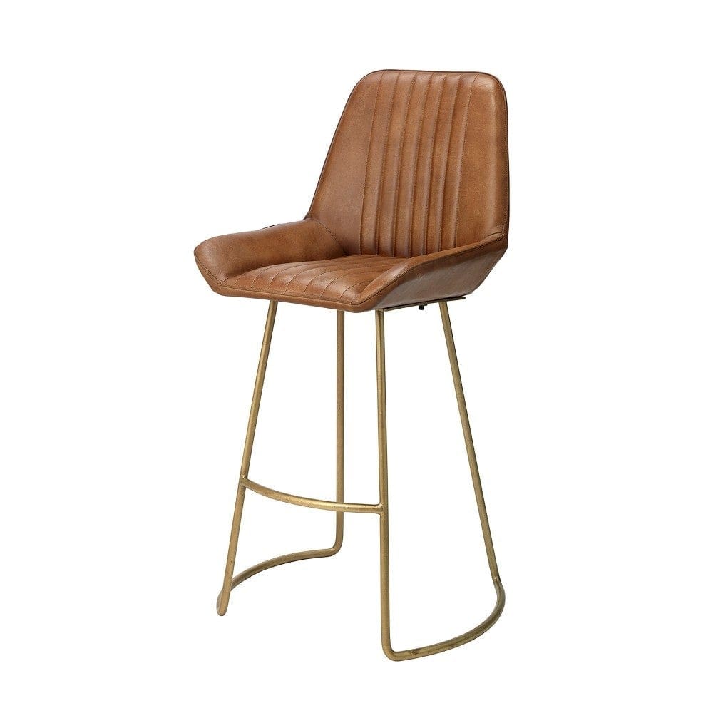 Counter Stool with Leatherette and Metal Sled Base, Brown and Brass By Casagear Home