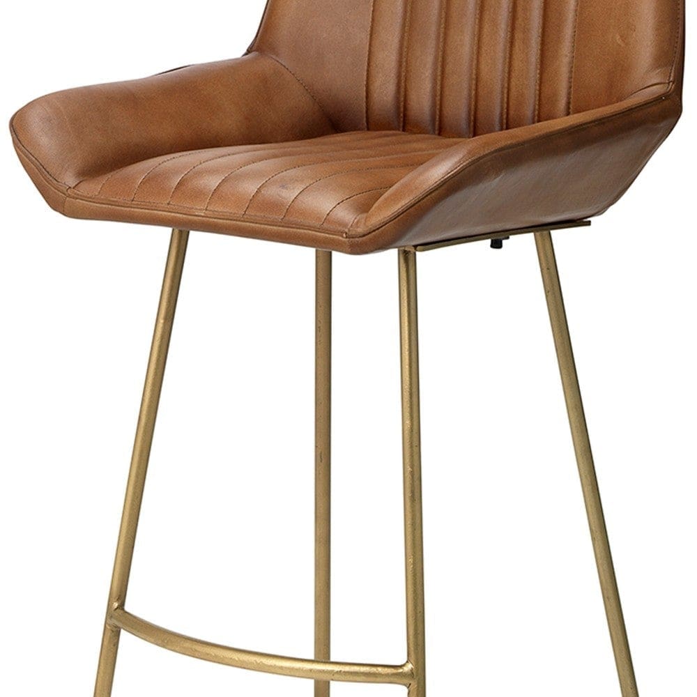 Counter Stool with Leatherette and Metal Sled Base Brown and Brass By Casagear Home BM263639