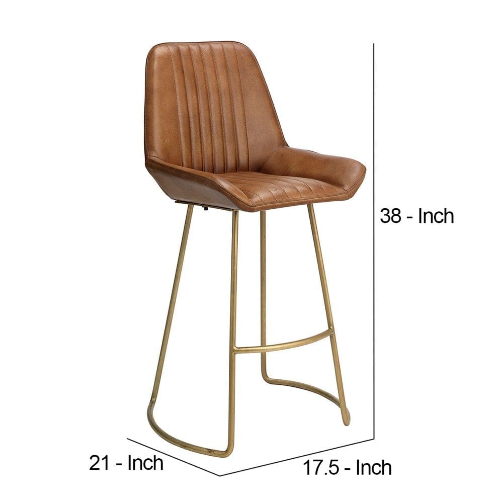Counter Stool with Leatherette and Metal Sled Base Brown and Brass By Casagear Home BM263639