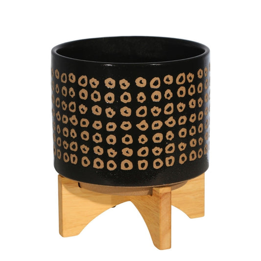 9 Inch Ceramic Round Planter, Wood Stand, Circular Pattern, Medium, Black By Casagear Home