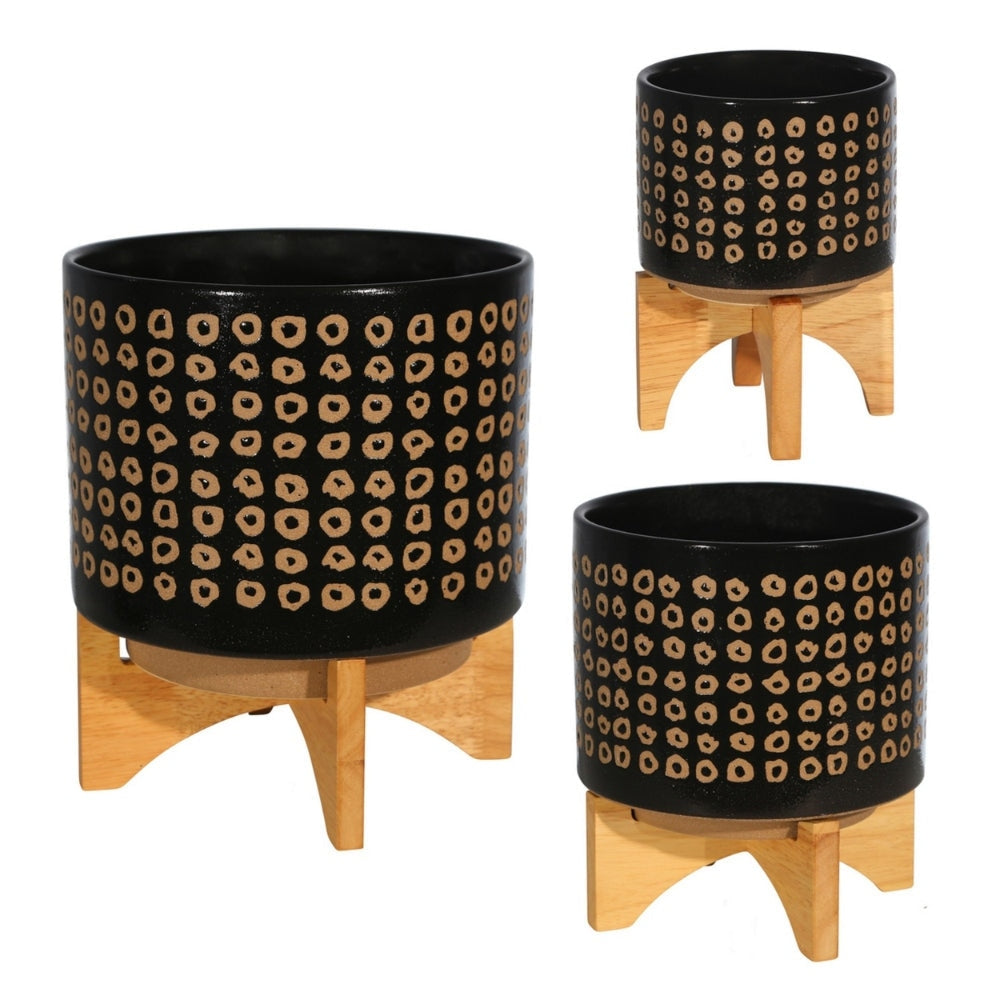 9 Inch Ceramic Round Planter Wood Stand Circular Pattern Medium Black By Casagear Home BM263803