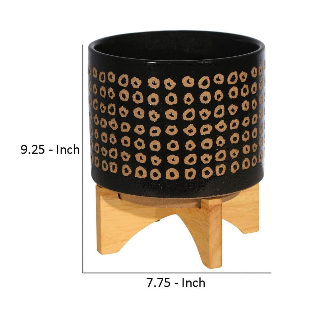 9 Inch Ceramic Round Planter Wood Stand Circular Pattern Medium Black By Casagear Home BM263803