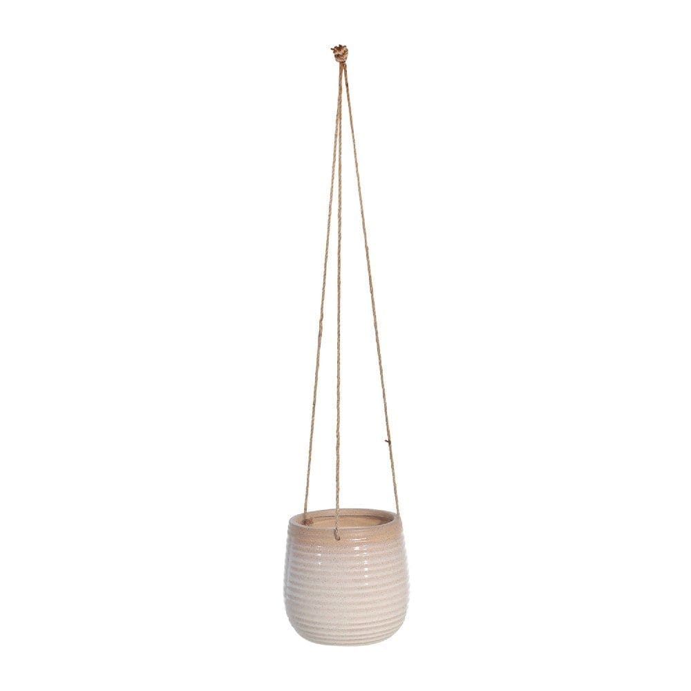 7 Inch Ceramic Hanging Planter, Curved Round, Ribbed Design, Beige By Casagear Home