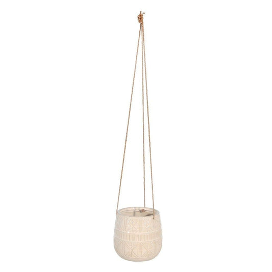 7 Inch Ceramic Hanging Planter, Curved Round, Geometric Design, Beige By Casagear Home