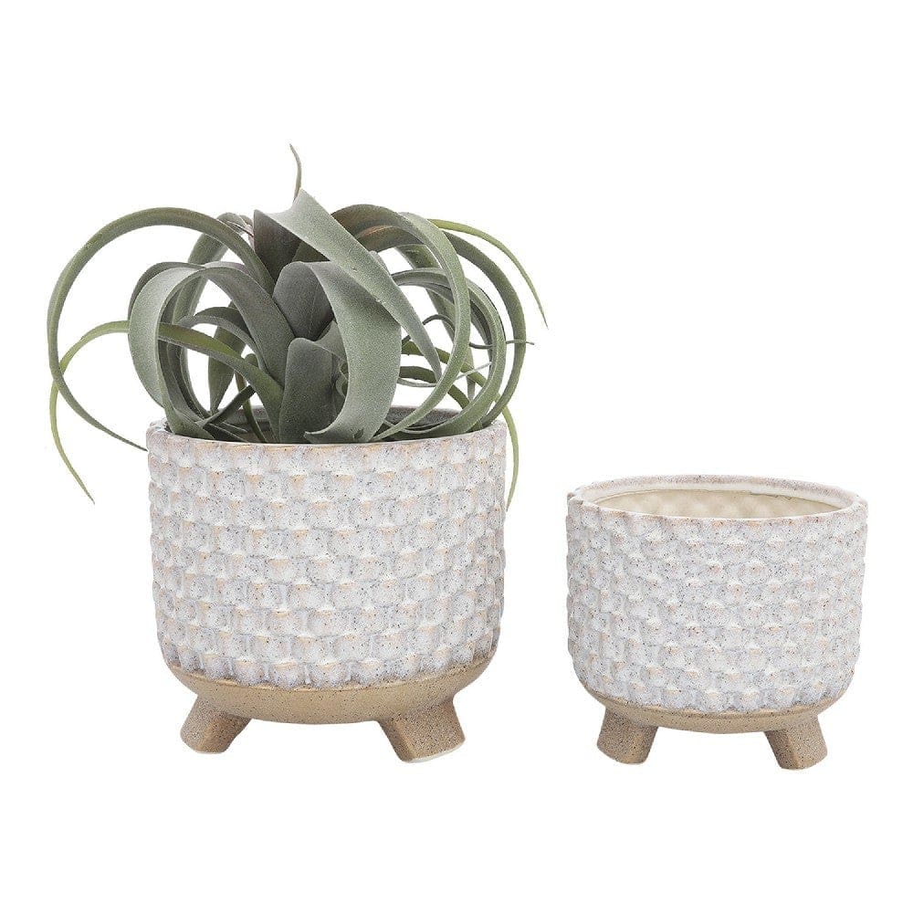 Planter with Textured Design and Footed Base, Set of 2, Off White By Casagear Home