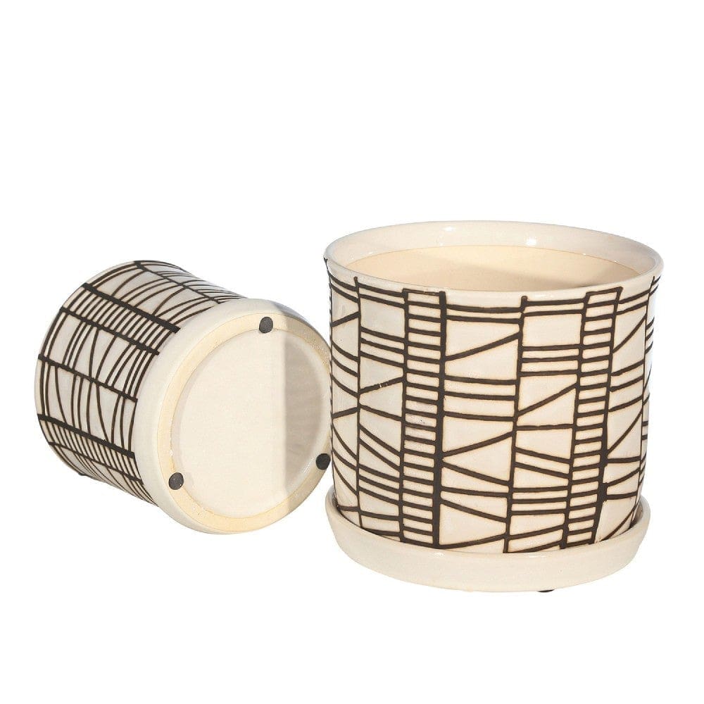 Planter with Saucer and Abstract Design Set of 2 White and Brown By Casagear Home BM263818