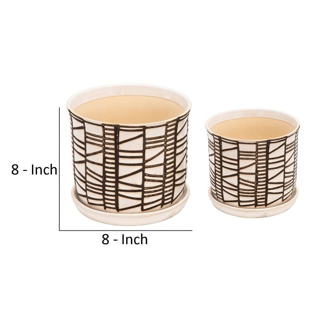 Planter with Saucer and Abstract Design Set of 2 White and Brown By Casagear Home BM263818