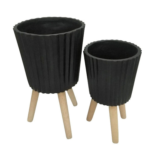 Planter with Ridged Design and Wooden Legs, Set of 2, Black and Brown By Casagear Home