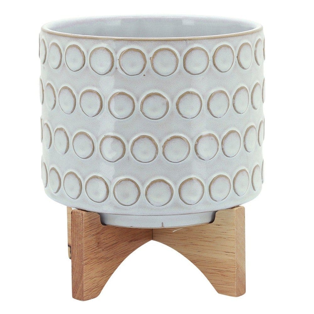Planter with Wooden Stand and Bubble Design, Small, Off White By Casagear Home