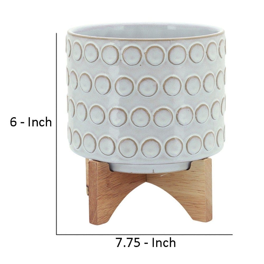 Planter with Wooden Stand and Bubble Design Small Off White By Casagear Home BM263826