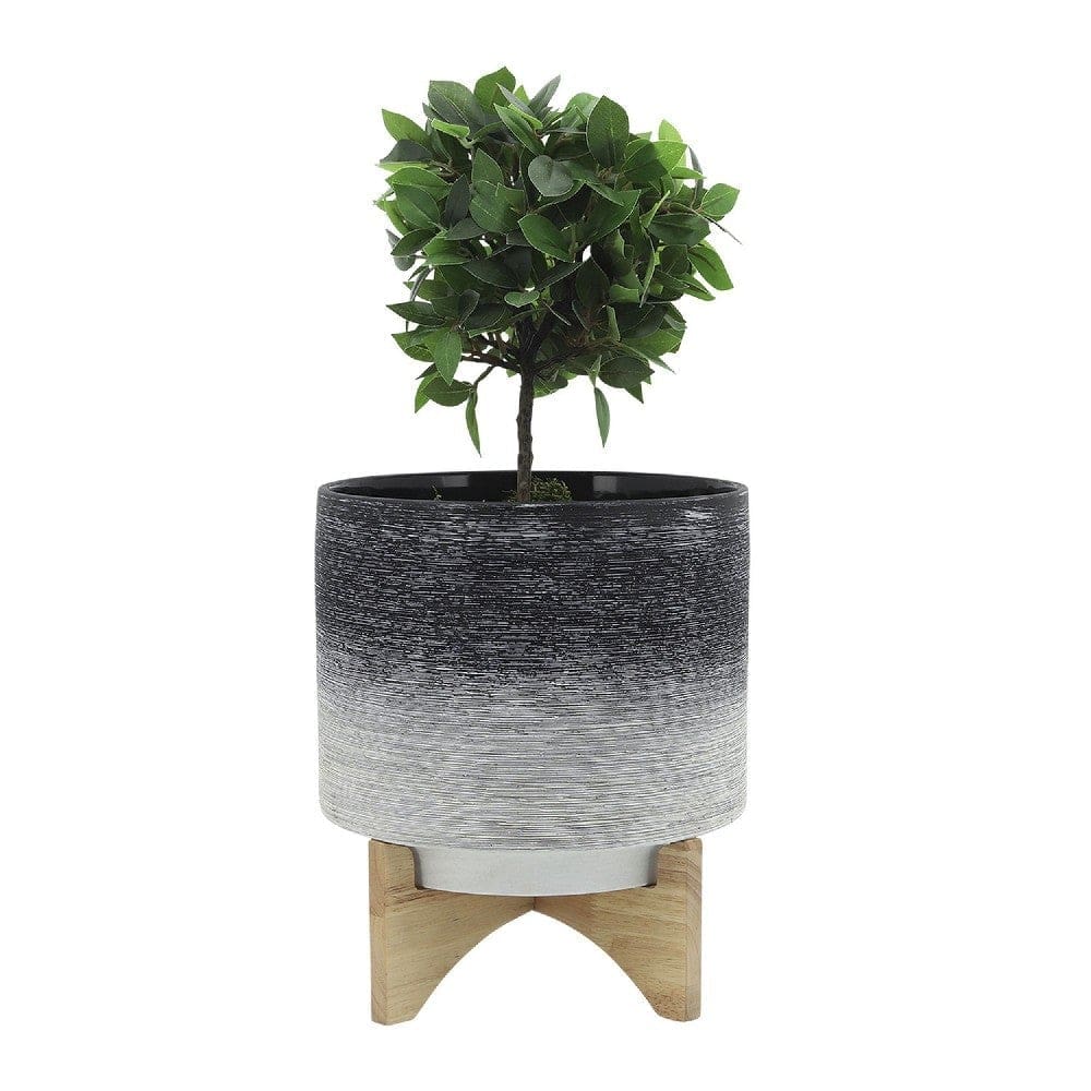 Planter with Wooden Stand and Fine Lines Design Large Gray By Casagear Home BM263827