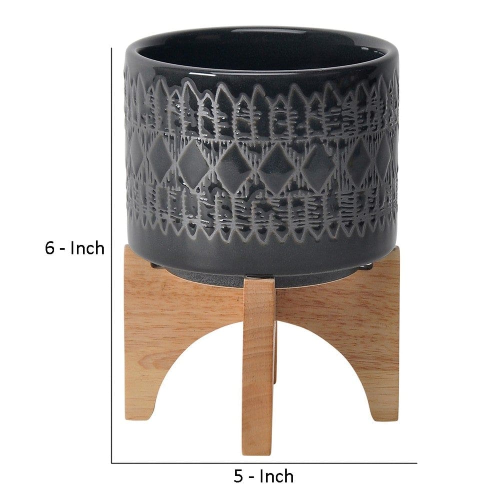 Planter with Wooden Stand and Native Design Small Black By Casagear Home BM263830