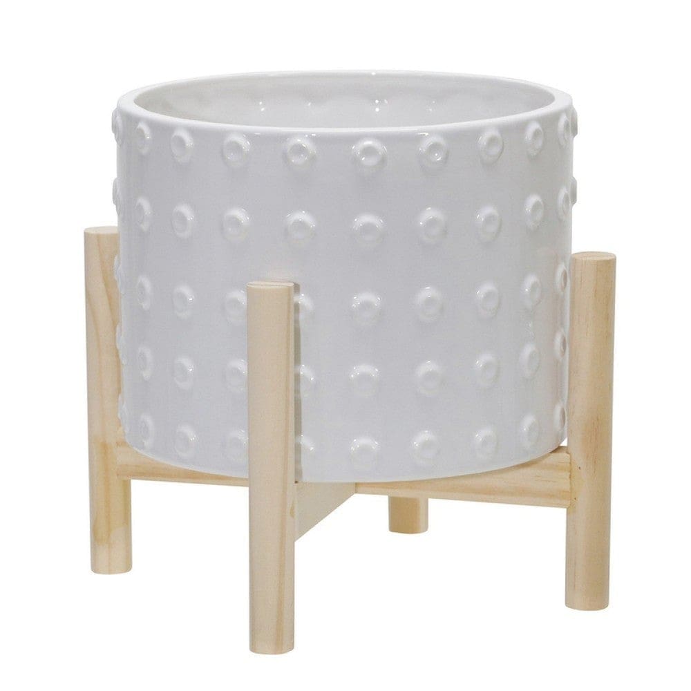 8 Inches Planter with Dotted Planter and Wooden Stand, White By Casagear Home