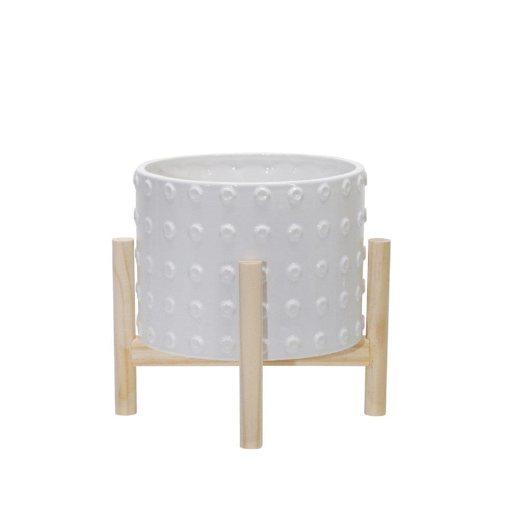 8 Inches Planter with Dotted Planter and Wooden Stand White By Casagear Home BM263836