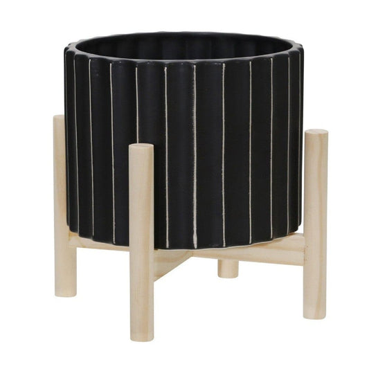 Planter with Fluted Pattern and Wooden Stand, Black By Casagear Home