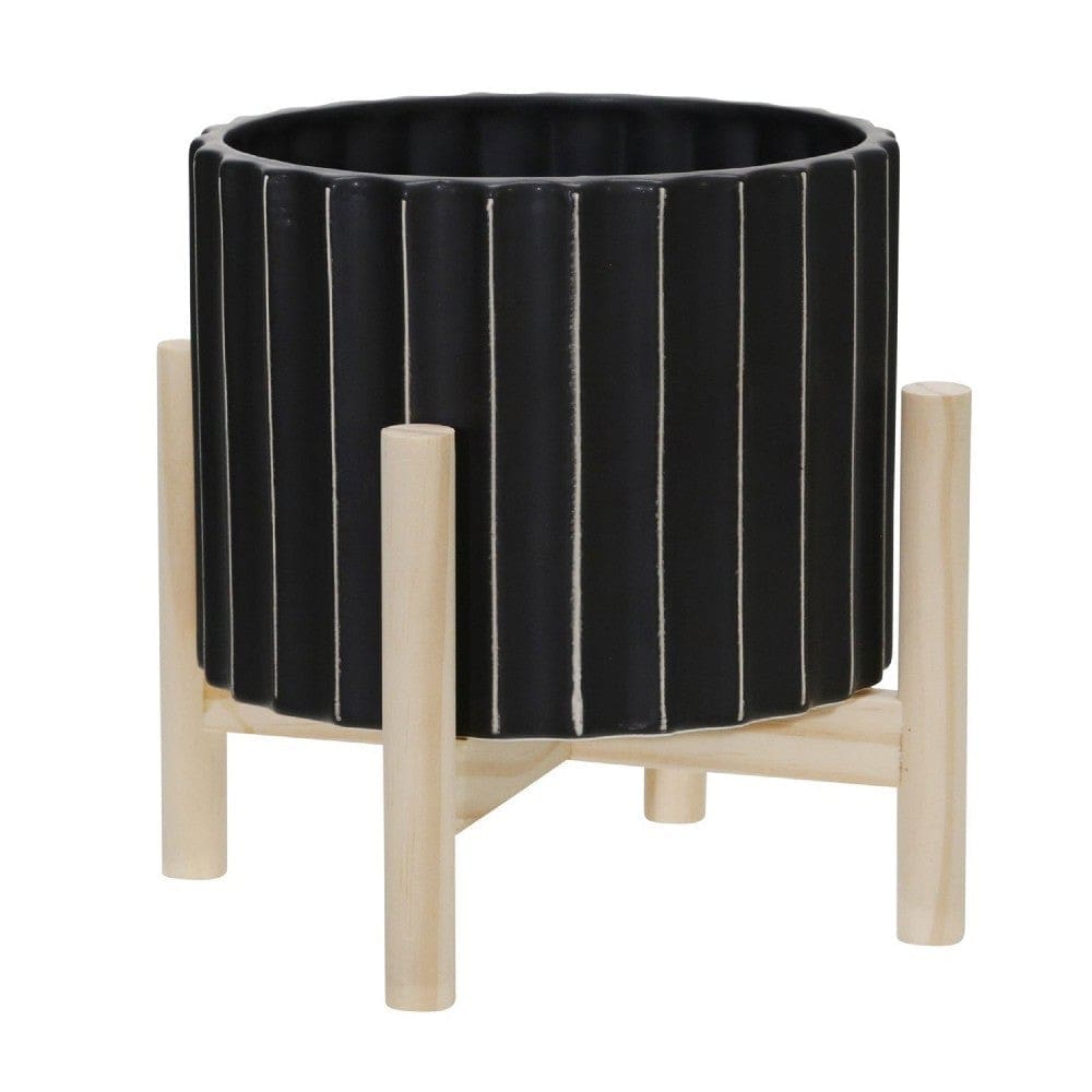 Arlo Planter | Fluted Pattern | Wood Stand | Black