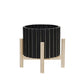 Planter with Fluted Pattern and Wooden Stand Black By Casagear Home BM263838