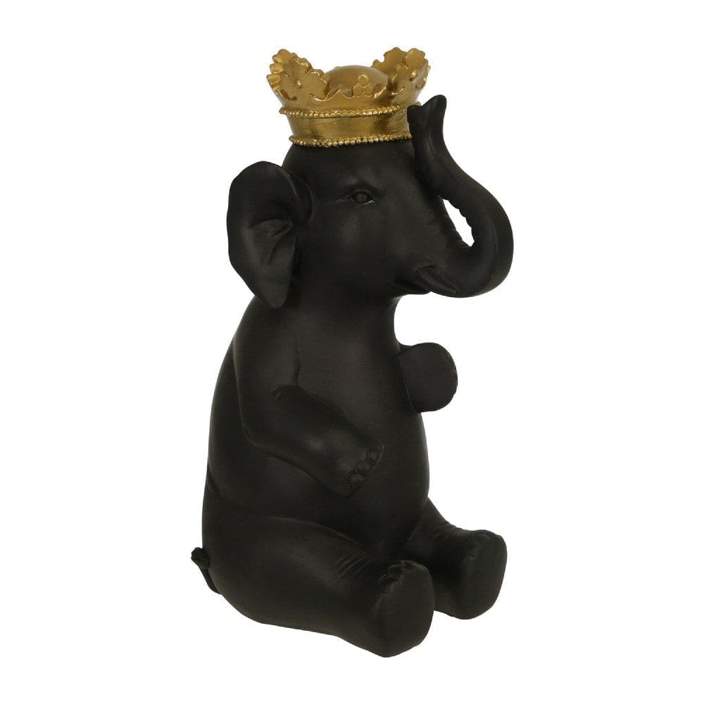 Sitting Elephant Accent Decor with Crown Top, Black By Casagear Home