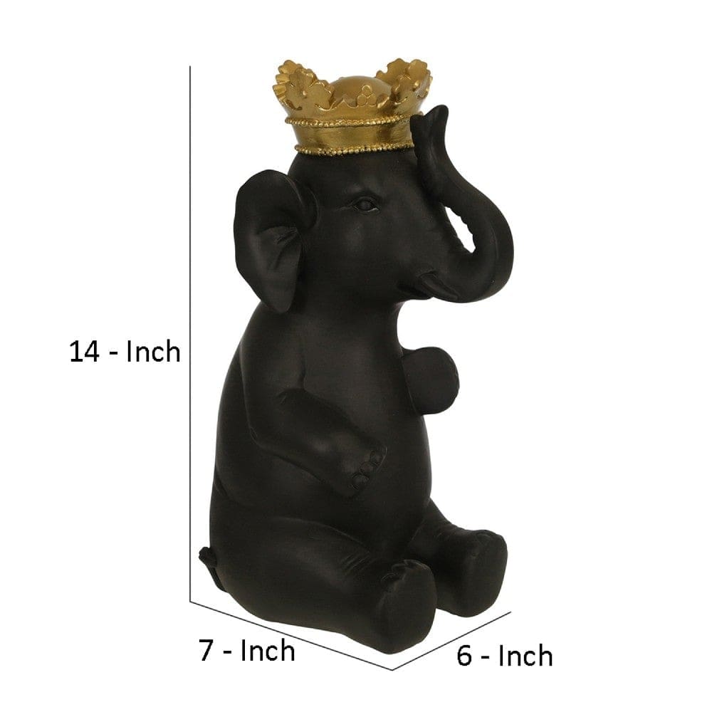 Sitting Elephant Accent Decor with Crown Top Black By Casagear Home BM263840